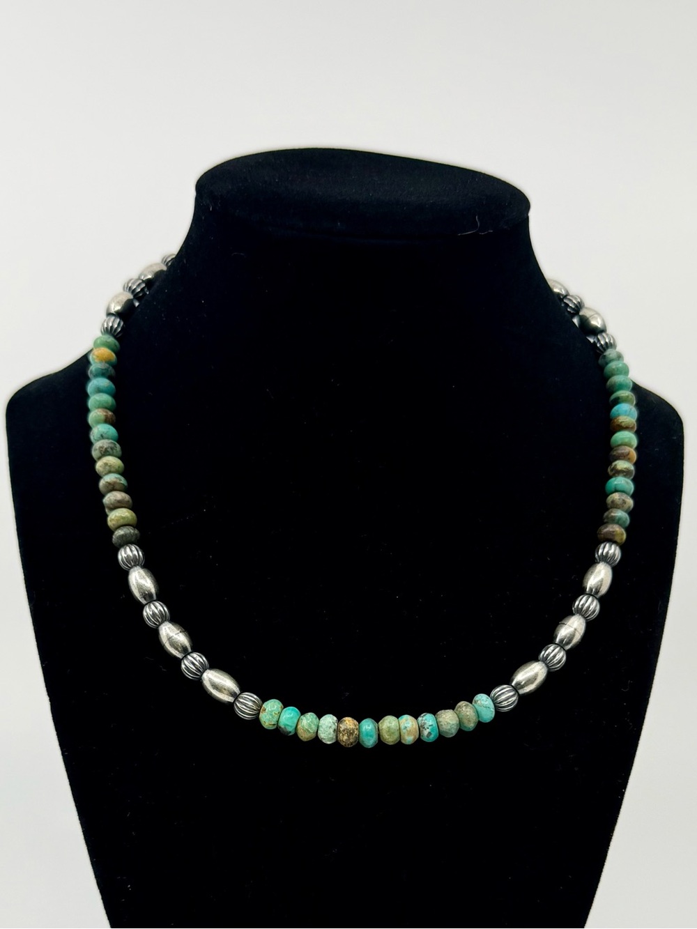 17” Navajo Pearl Turquoise Necklace Sterling Silver Southwestern Beaded Necklace